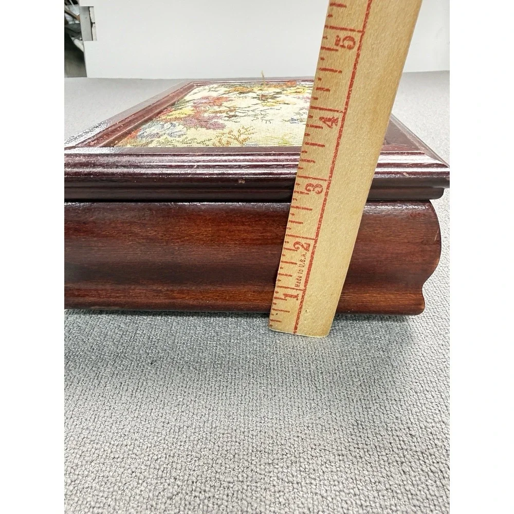 Jewelry Box Wooden Vintage w/Floral Tapestry Top